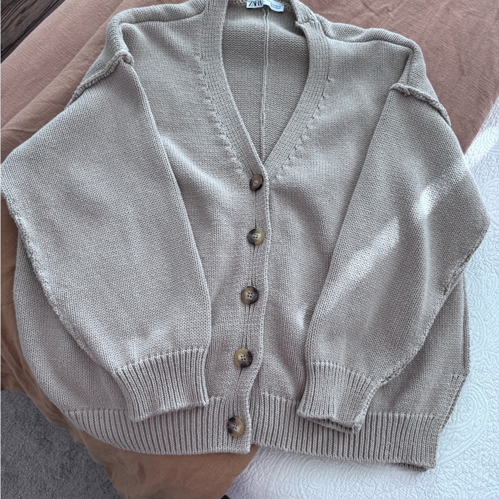 Zara Beige Knit Button-Front Cardigan